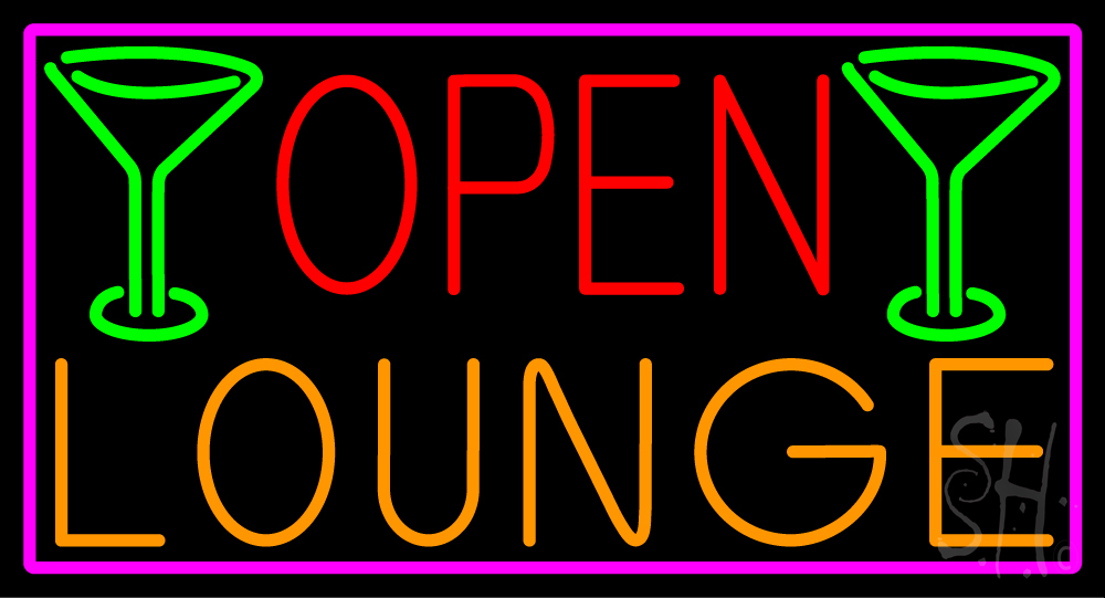 N105-15811-clear Open Lounge & Martini Glass with Pink Border Clear Backing Neon Sign - Pink, Red, Orange & Green - 20 in. Tall x 37 in. Wide