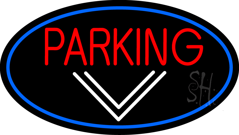 Parking & Down Arrow Oval with Blue Border Clear Backing Neon Sign - Blue, Red & White - 17 in. Tall x 30 in. Wide