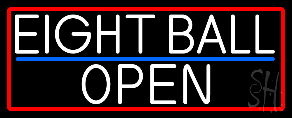 White Eight Ball Open with Red Border Clear Backing Neon Sign - Red, Blue & White - 13 in. Tall x 32 in. Wide