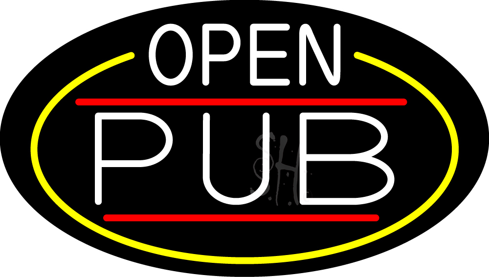 White Open Pub Oval with Yellow Border Clear Backing Neon Sign - Yellow, White & Red - 17 in. Tall x 30 in. Wide