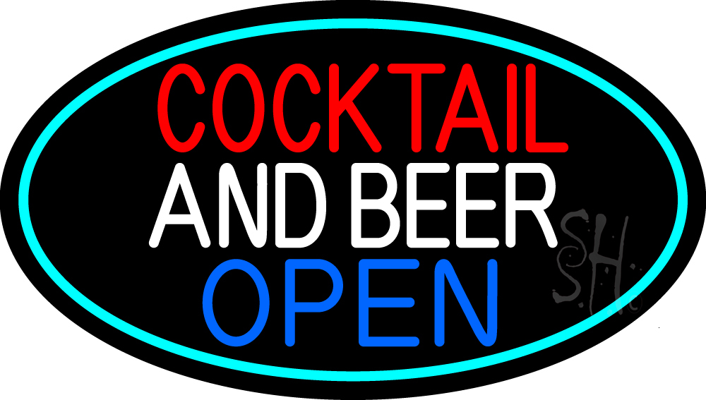Cocktail & Beer Open Oval with Turquoise Border Clear Backing Neon Sign - Turquoise, Red, White & Blue - 17 in. Tall x 30 in. Wide