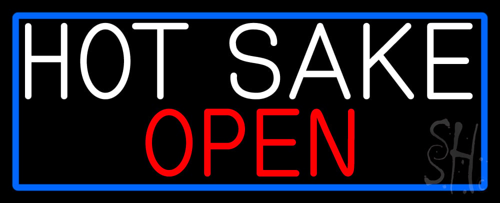 Hot Sake Open with Blue Border Clear Backing Neon Sign - Blue, Red & White - 13 in. Tall x 32 in. Wide