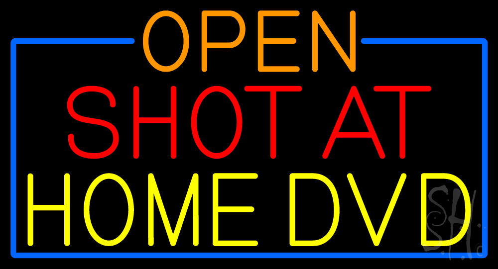 Open Shot At Home Dvd with Blue Border Clear Backing Neon Sign - Orange, Red, Yellow & Blue - 20 in. Tall x 37 in. Wide
