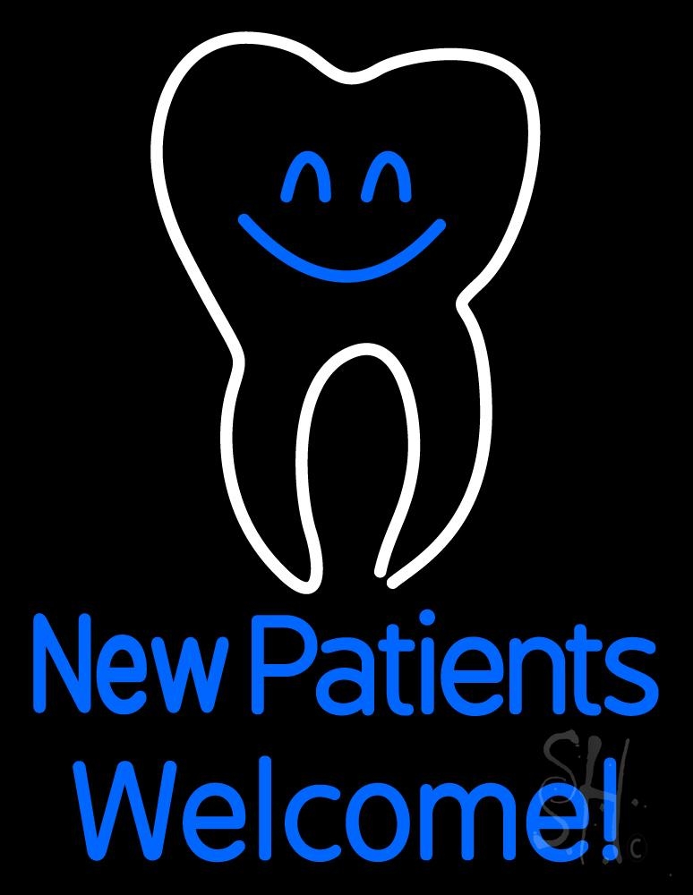 N105-2948-clear New Patients with Tooth Logo Clear Backing Neon Sign - White & Blue - 31 in. Tall x 24 in. Wide