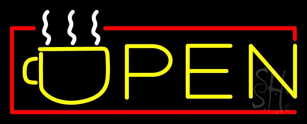 N105-1077-clear Yellow Tea Open with Red Border Clear Backing Neon Sign - Red & Yellow - 13 in. Tall x 32 in. Wide