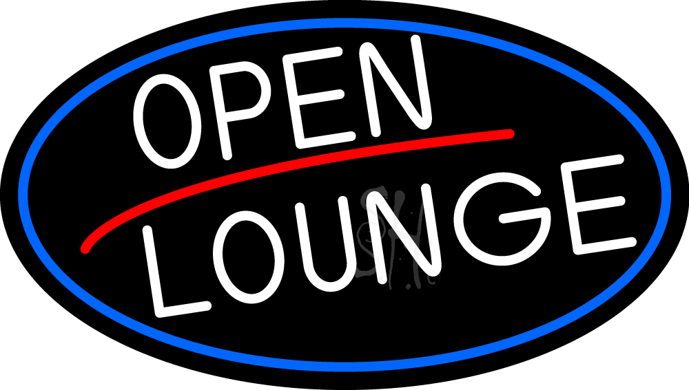White Open Lounge Oval with Blue Border Clear Backing Neon Sign - Blue, Red & White - 17 in. Tall x 30 in. Wide