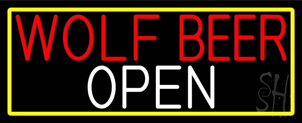 Wolf Beer Open with Yellow Border Clear Backing Neon Sign - Red, White & Yellow - 13 in. Tall x 32 in. Wide