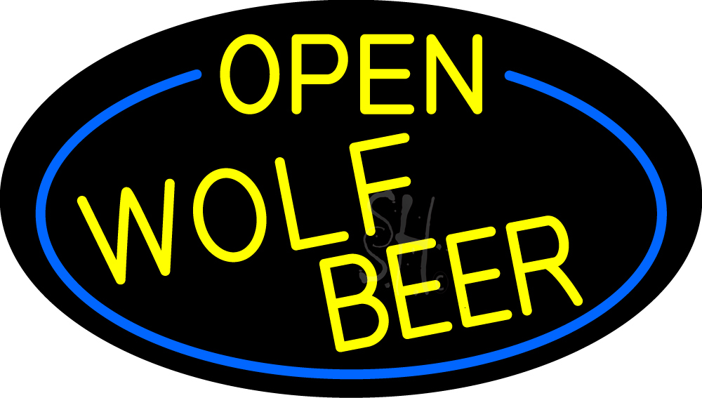 N105-17124-clear Yellow Open Wolf Beer Oval with Blue Border Clear Backing Neon Sign - Yellow & Blue - 17 in. Tall x 30 in. Wide