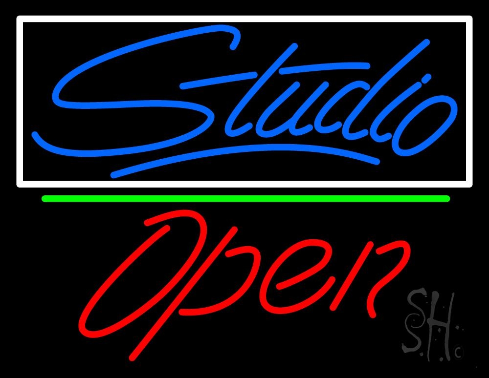 N105-6838-clear Blue Studio with Open 2 Clear Backing Neon Sign - White, Red, Blue & Green - 24 in. Tall x 31 in. Wide