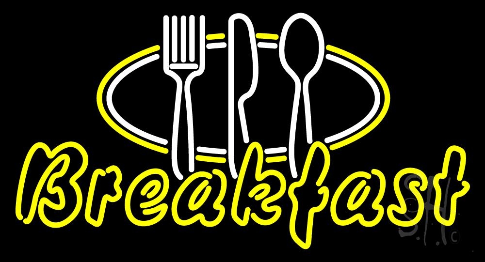 N105-1943-clear Breakfast with Fork Spoon Knife Logo Clear Backing Neon Sign - White & Yellow - 20 in. Tall x 37 in. Wide