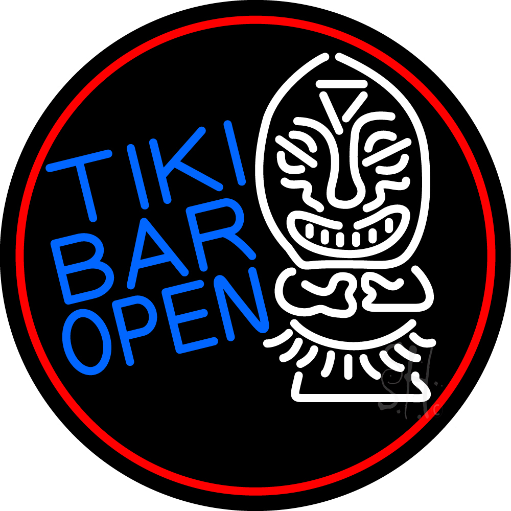 Tiki Bar Bamboo Hut Oval with Red Border Clear Backing Neon Sign - Red, White & Blue - 26 in. Tall x 26 in. Wide