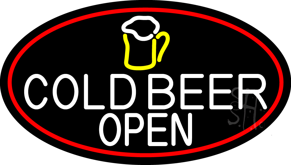 White Cold Beer Open & Mug In Between Oval with Red Border Clear Backing Neon Sign - Yellow, White & Red - 17 in. Tall x 30 in. Wide