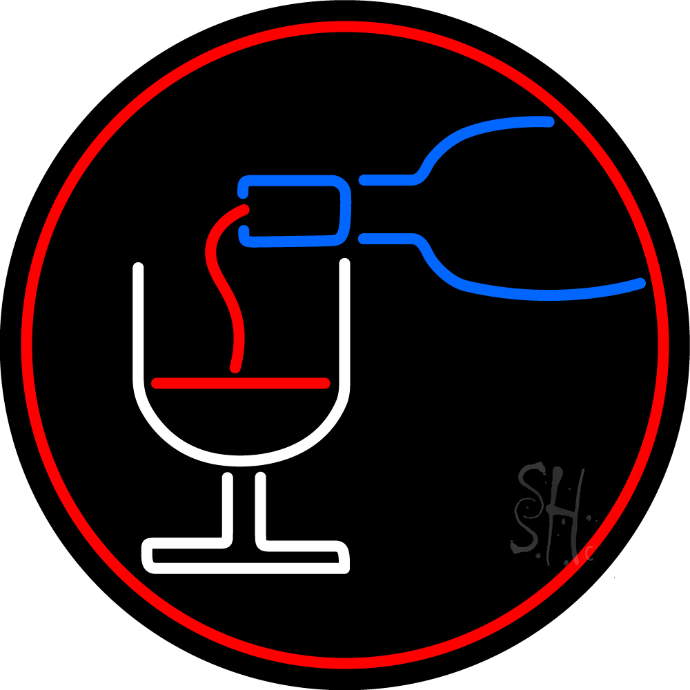 Wine Glass Bottle Oval with Red Border Clear Backing Neon Sign - Red, Blue & White - 26 in. Tall x 26 in. Wide