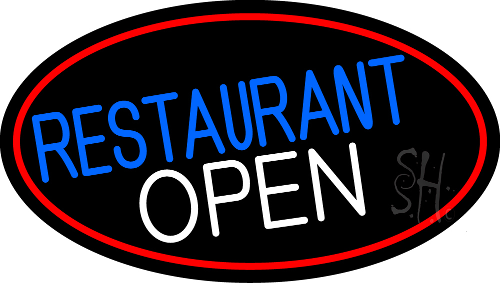 Restaurant Open Oval with Red Border Clear Backing Neon Sign - Red, Blue & White - 17 in. Tall x 30 in. Wide