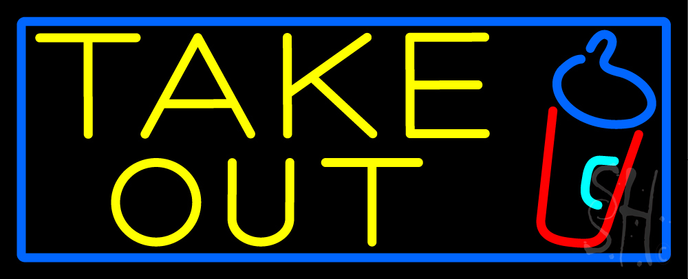 Take Out & Wine Glass with Blue Border Clear Backing Neon Sign - Blue, Red, Turquoise & Yellow - 13 in. Tall x 32 in. Wide