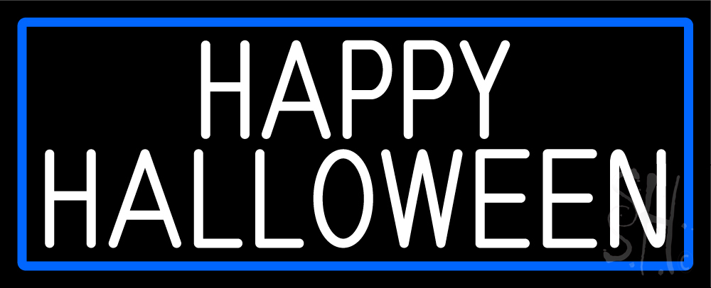 N105-16328-clear White Happy Halloween with Blue Border Clear Backing Neon Sign - Blue & White - 13 in. Tall x 32 in. Wide