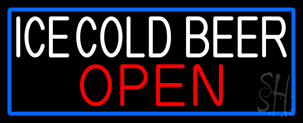 White Ice Cold Beer Open with Blue Border Clear Backing Neon Sign - Blue, Red & White - 13 in. Tall x 32 in. Wide