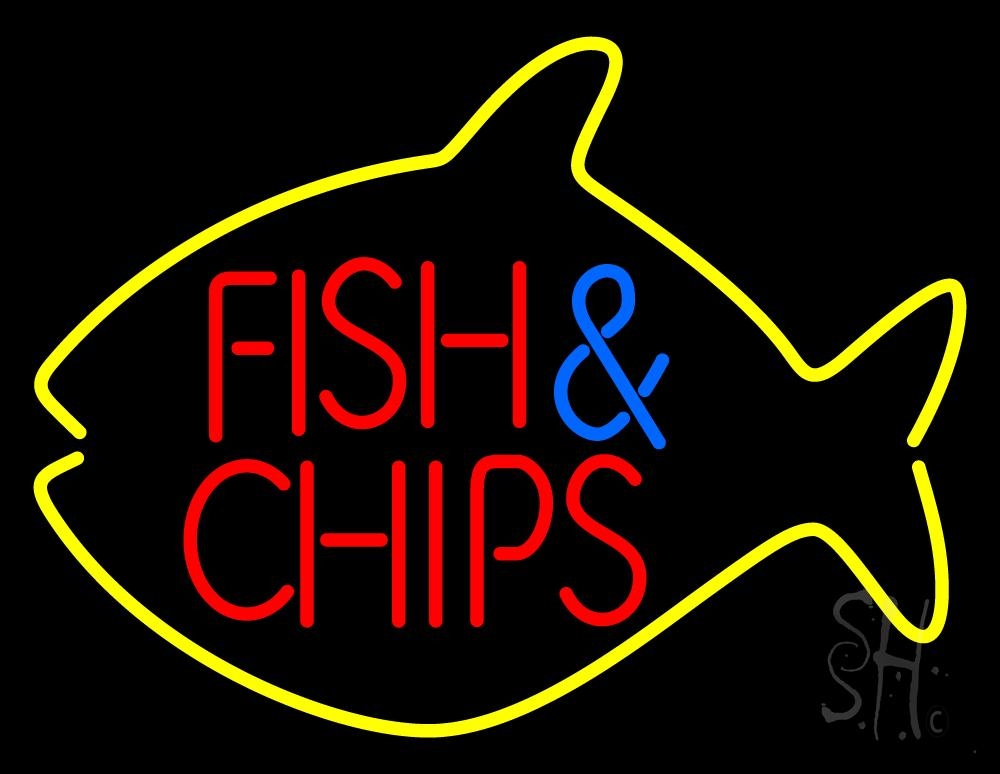 N105-1098-clear Fish & Chips Inside Fish Clear Backing Neon Sign - Blue, Red & Yellow - 24 in. Tall x 31 in. Wide