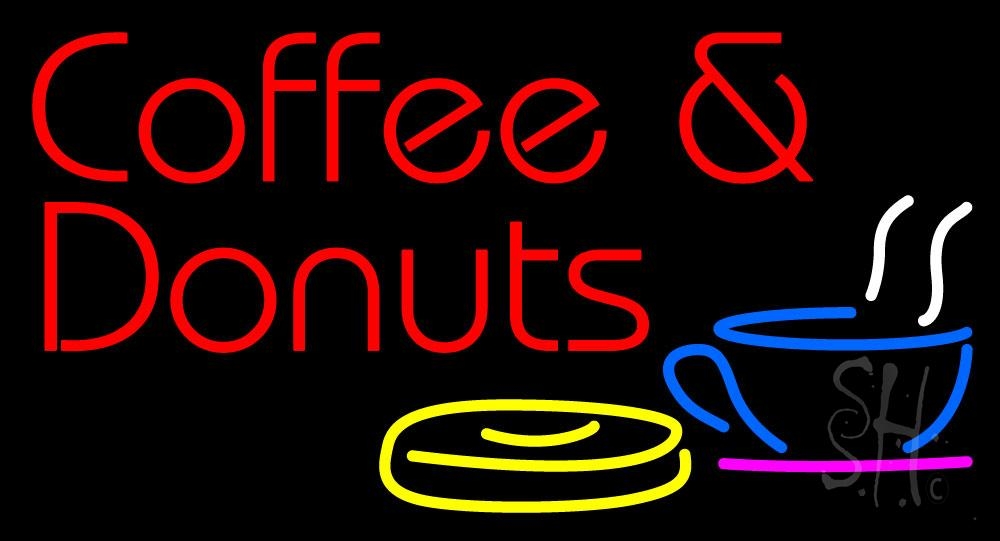 N105-1018-clear Coffee & Donuts with Coffee Glass Clear Backing Neon Sign - Multi Color - 20 in. Tall x 37 in. Wide