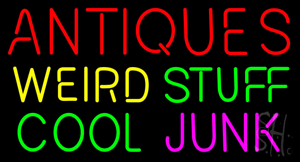 Antiques Weird Stuff Cool Junk Clear Backing Neon Sign - Red, Pink, Yellow & Green - 20 in. Tall x 37 in. Wide