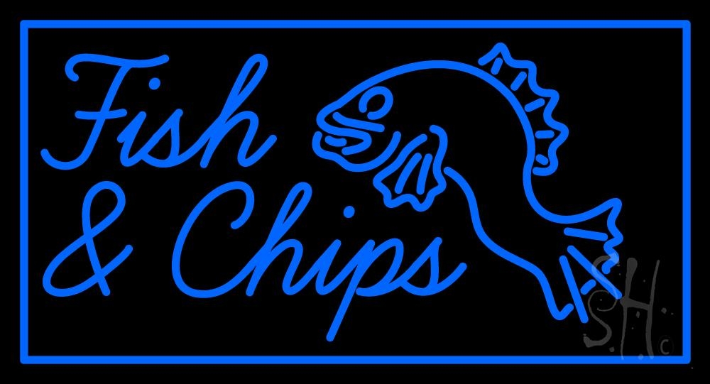 N105-1081-clear Blue Fish & Chips with Fish Clear Backing Neon Sign - 20 in. Tall x 37 in. Wide