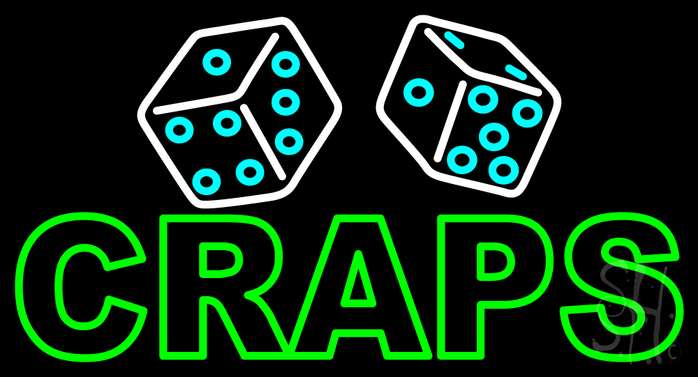 N105-14316-clear Double Stroke Craps with Dise Clear Backing Neon Sign - Green, White & Turquoise - 20 in. Tall x 37 in. Wide