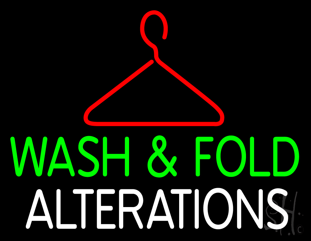 N105-19122-clear Wash & Fold Alterations Clear Backing Neon Sign - Red, White & Green - 24 in. Tall x 31 in. Wide