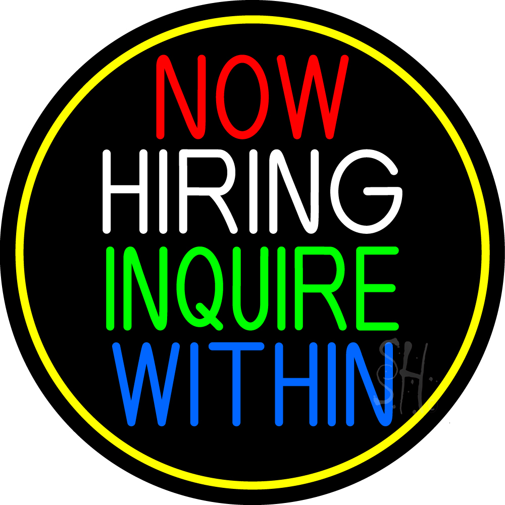 N105-15787-clear Now Hiring Inquire Within Oval with Yellow Border Clear Backing Neon Sign - Multi Color - 26 in. Tall x 26 in. Wide