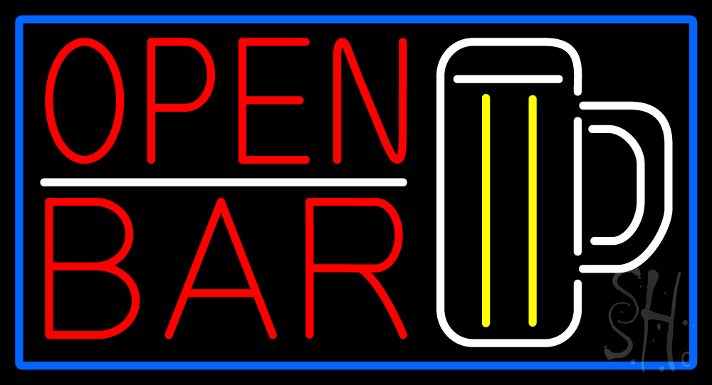 N105-15795-clear Open Bar with Beer Mug Clear Backing Neon Sign - Red, White, Yellow & Blue - 20 in. Tall x 37 in. Wide