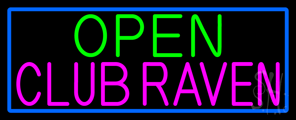 N105-15798-clear Open Club Raven with Blue Border Clear Backing Neon Sign - Blue, Pink & Green - 13 in. Tall x 32 in. Wide