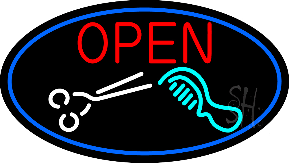 N105-15817-clear Open with Scissor & Comb Clear Backing Neon Sign - Red, Blue, White & Turquoise - 17 in. Tall x 30 in. Wide