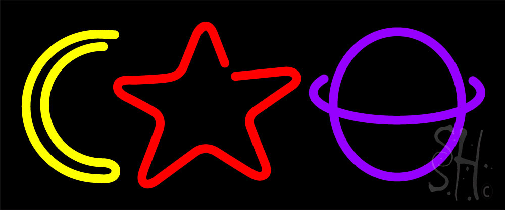 N105-20236-clear Moon Star Planet Clear Backing Neon Sign - Purple, Red & Yellow - 10 in. Tall x 24 in. Wide