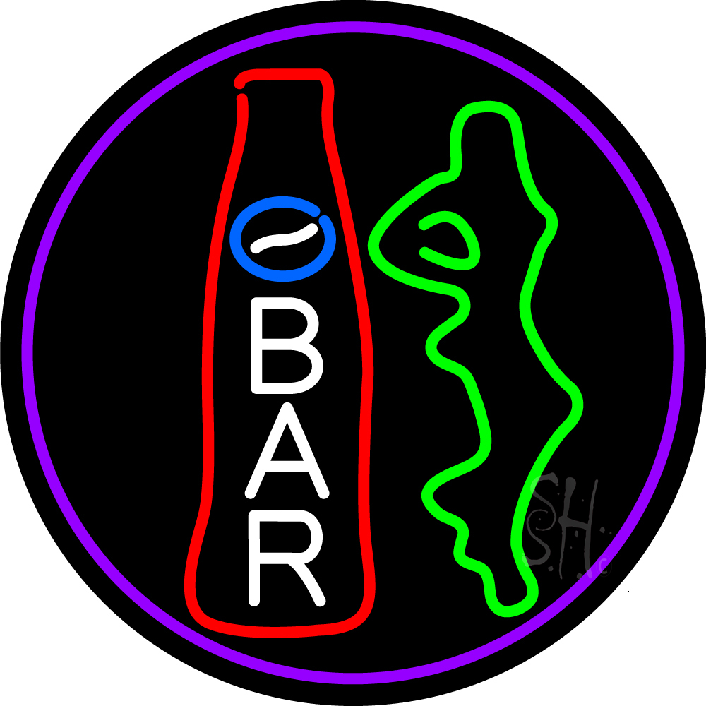 N105-15278-clear Custom Bar with Bottle & Girl Oval with Purple Border Clear Backing Neon Sign - Multi Color - 26 in. Tall x 26 in. Wide