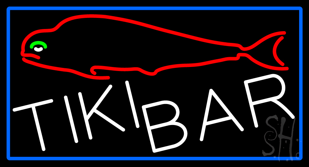 Dolphin Tiki Bar with Blue Border Clear Backing Neon Sign - Blue, Red, Green & White - 20 in. Tall x 37 in. Wide