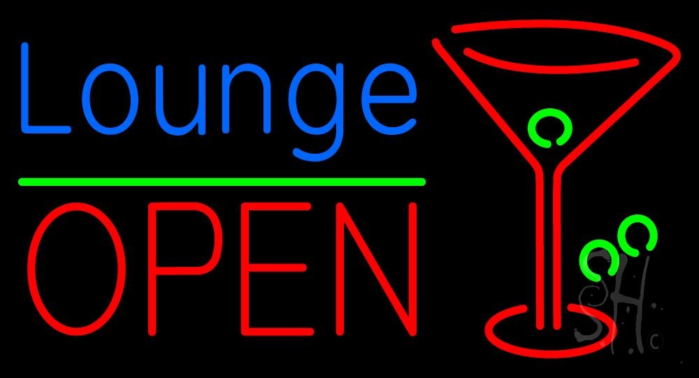 N105-3083-clear Lounge with Martini Glass Open 1 Clear Backing Neon Sign - Red, Green & Blue - 20 in. Tall x 37 in. Wide