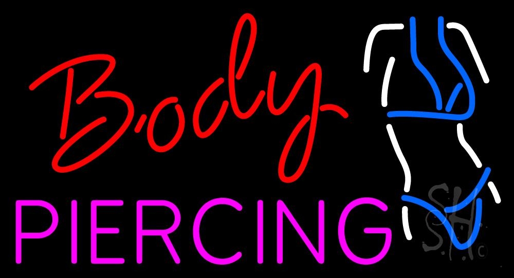 N105-1900-clear Body Piercing Logo Clear Backing Neon Sign - Red, Pink, White & Blue - 20 in. Tall x 37 in. Wide