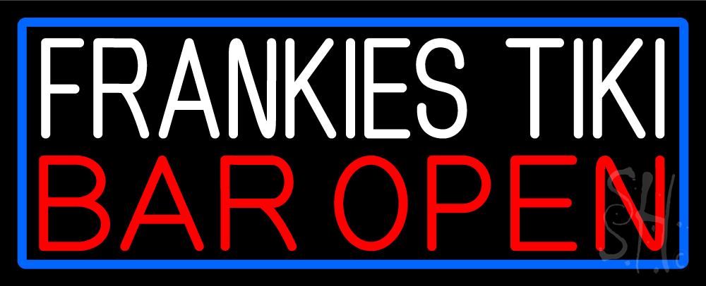 Frankies Tiki Bar Open with Blue Border Clear Backing Neon Sign - Red, White & Blue - 13 in. Tall x 32 in. Wide
