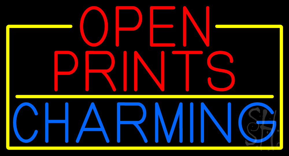 Open Prints Charming with Yellow Border Clear Backing Neon Sign - Yellow, Red & Blue - 20 in. Tall x 37 in. Wide