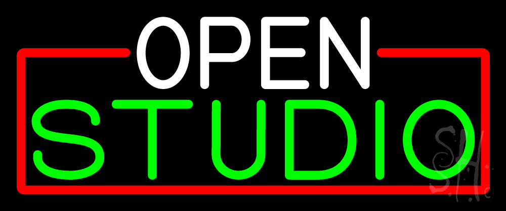 N105-16778-clear Open Studio with Red Border Clear Backing Neon Sign - Red, Green & White - 10 in. Tall x 24 in. Wide