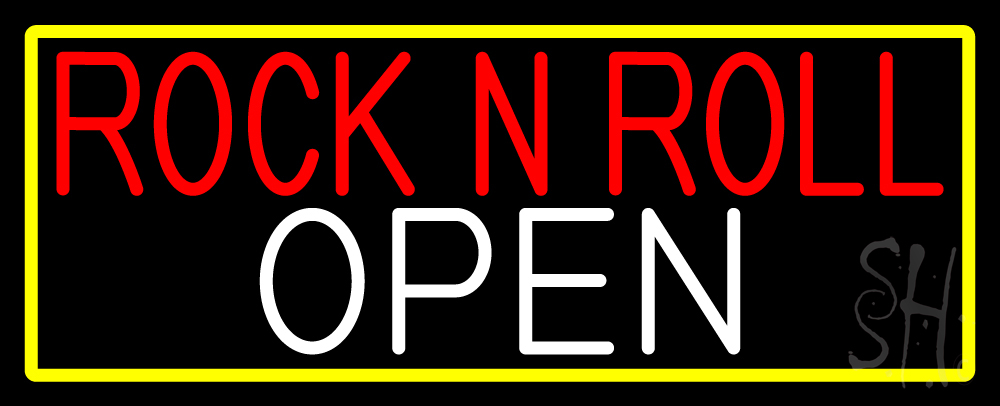 Rock N Roll Open with Yellow Border Clear Backing Neon Sign - Yellow, Red & White - 13 in. Tall x 32 in. Wide