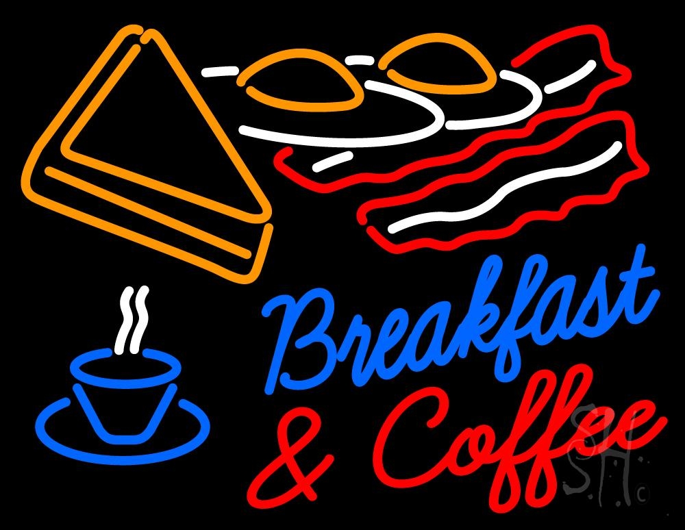 Blue Breakfast Red & Coffee Clear Backing Neon Sign - Red, Blue, White & Orange - 24 in. Tall x 31 in. Wide