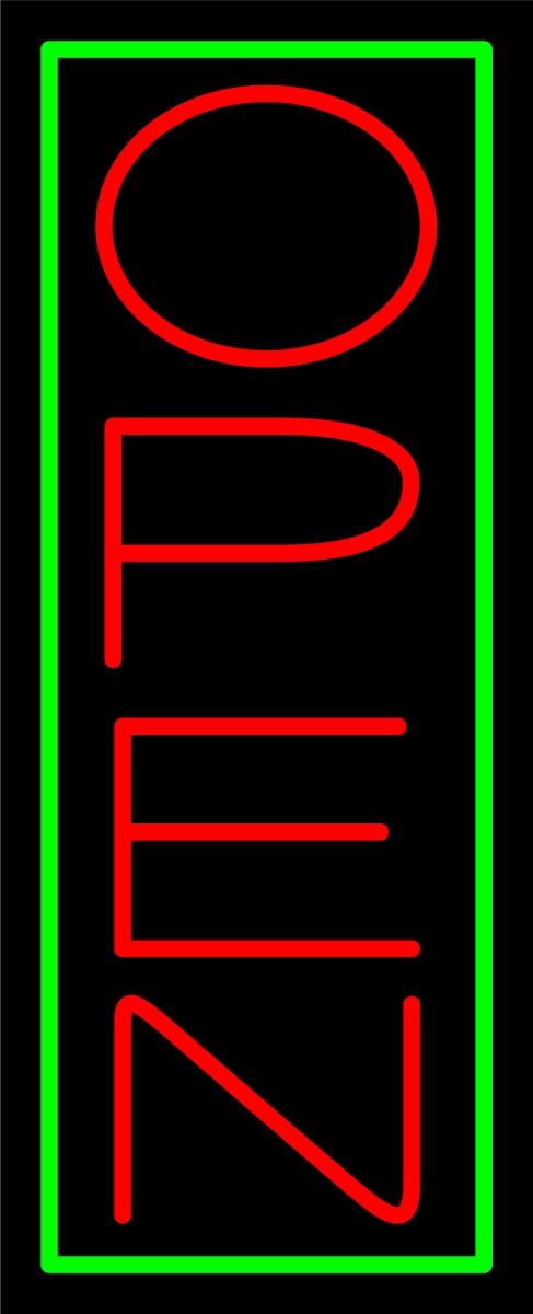 N100-06435-clear Red Open with Green Border Vertical Clear Backing Neon Sign - Red & Green - 32 in. Tall x 13 in. Wide