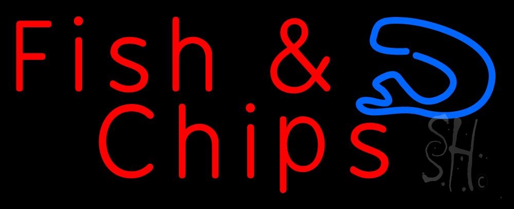 N105-1131-clear Red Fish & Chips Horizontal Clear Backing Neon Sign - Blue & Red - 13 in. Tall x 32 in. Wide