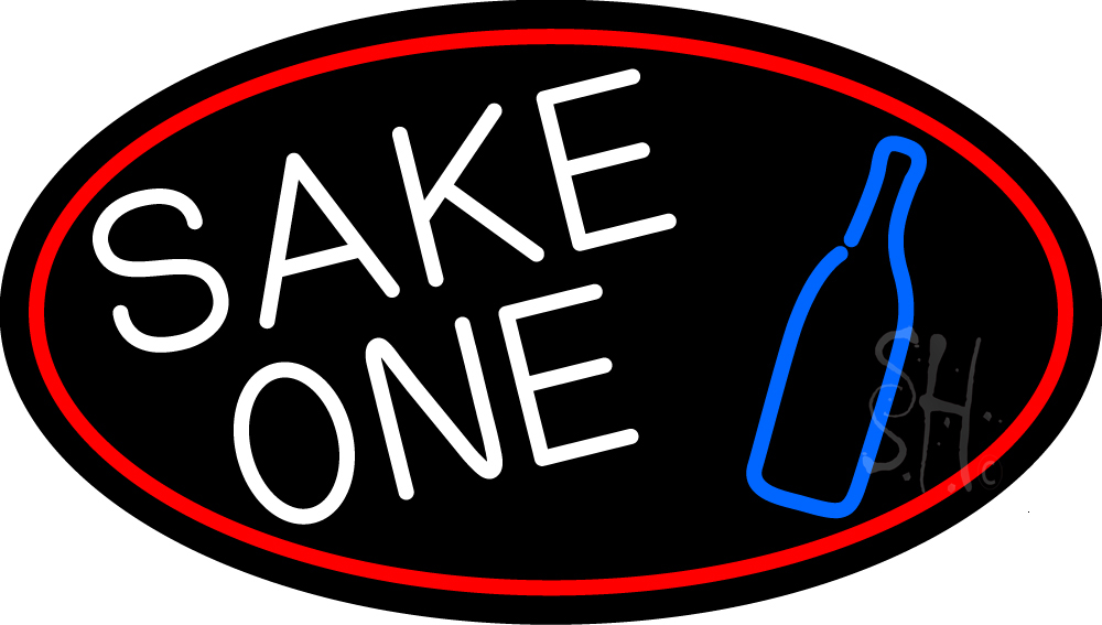Sake One & Bottle Oval with Red Border Clear Backing Neon Sign - Red, Blue & White - 17 in. Tall x 30 in. Wide