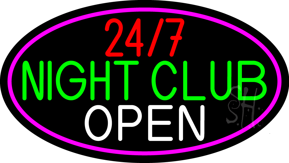 N105-14931-clear 24 7 Night Club Oval with Pink Border Clear Backing Neon Sign - Pink, Red, Green & White - 17 in. Tall x 30 in. Wide