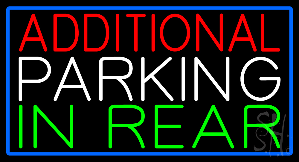 N105-14937-clear Additional Parking In Rear with Blue Border Clear Backing Neon Sign - Blue, Red, White & Green - 20 in. Tall x 37 in. Wide