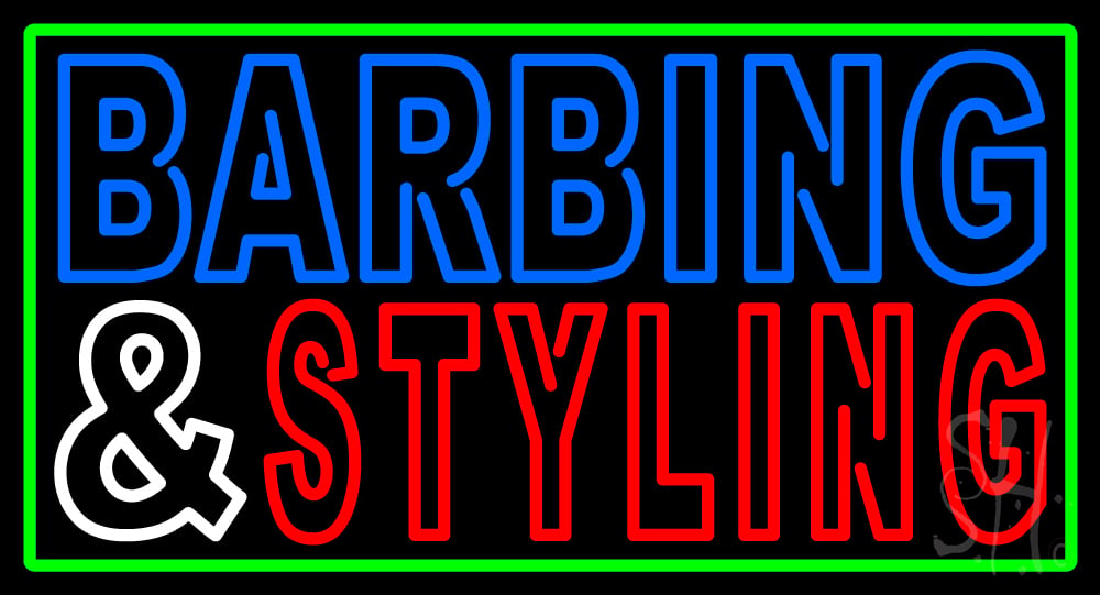 N105-14950-clear Barbering & Styling with Green Border Clear Backing Neon Sign - Green, Blue, White & Red - 20 in. Tall x 37 in. Wide