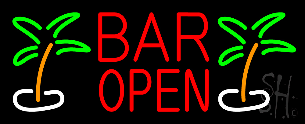 Bar Open with Two Palm Trees Clear Backing Neon Sign - Green, Orange, White & Red - 13 in. Tall x 32 in. Wide