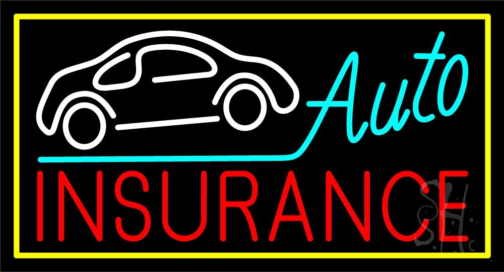 Auto Insurance White Car Logo Clear Backing Neon Sign - Red, White, Yellow & Turquoise - 20 in. Tall x 37 in. Wide