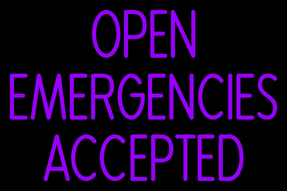 N100-208073-clear Open Emergencies Accepted Clear Backing Neon Sign - Purple - 20 in. Tall x 30 in. Wide
